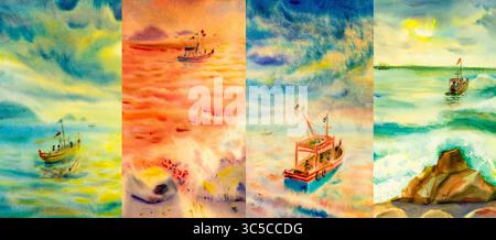 Collage quatre saisons, plusieurs images. Aquarelle peinture mer de beaux paysages marins naturels à différents moments de l'année - hiver printemps, été, au Banque D'Images