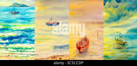 Collage quatre saisons, plusieurs images. Aquarelle peinture mer de beaux paysages marins naturels à différents moments de l'année - hiver printemps, été, au Banque D'Images