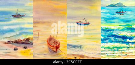 Collage quatre saisons, plusieurs images. Aquarelle peinture mer de beaux paysages marins naturels à différents moments de l'année - hiver printemps, été, au Banque D'Images