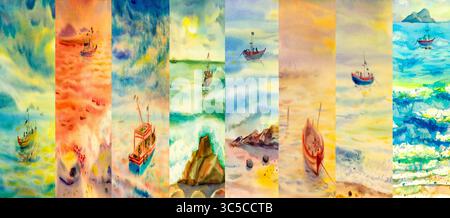 Collage quatre saisons, plusieurs images. Aquarelle peinture mer de beaux paysages marins naturels à différents moments de l'année - hiver printemps, été, au Banque D'Images
