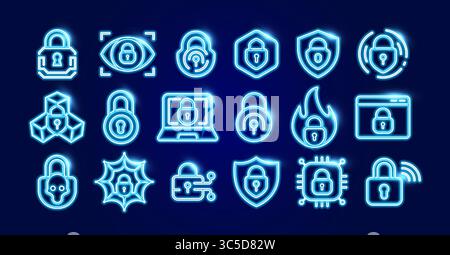 Icônes de cybersécurité au néon lumineux montrant cadenas boucliers navigateur, alerte de virus de puce d'ordinateur portable. Protection numérique pare-feu confidentialité antivirus Illustration de Vecteur