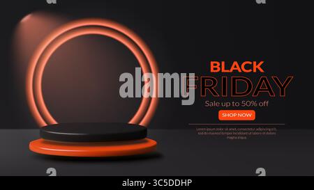 Conception de fond de podium réaliste 3d noir et rouge avec scène de produit vide et cadre de néon circulaire Illustration de Vecteur