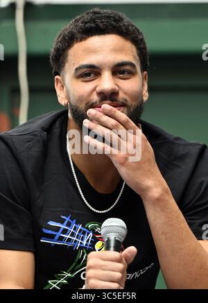 Ans, Belgique. 30 juillet 2025. Ajay Mitchell photographié lors d'une conférence de presse concernant la compétition de basket-ball NBA US le mercredi 30 juillet 2025 à ans. Oklahoma City Thunder, avec le meneur belge Mitchell, remporte la ligue. BELGA PHOTO ERIC LALMAND crédit : Belga News Agency/Alamy Live News Banque D'Images