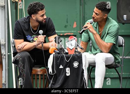 Ans, Belgique. 30 juillet 2025. Ajay Mitchell photographié lors d'une conférence de presse concernant la compétition de basket-ball NBA US le mercredi 30 juillet 2025 à ans. Oklahoma City Thunder, avec le meneur belge Mitchell, remporte la ligue. BELGA PHOTO ERIC LALMAND crédit : Belga News Agency/Alamy Live News Banque D'Images