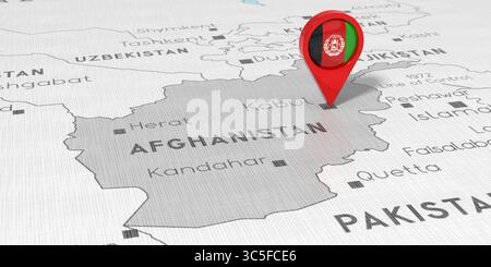 Afghanistan, Kaboul - épingle de localisation avec drapeau national sur la carte politique - illustration 3D. Banque D'Images