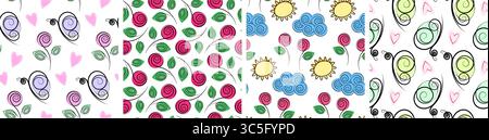 Roses Butterflies Cloud et Sun Seamless Pattern dans des décors tendances de printemps ou d'été palettes. Illustration vectorielle isolée cartes de fond thématiques saisonnières, bannière, dépliants, étiquette de prix, affiche Illustration de Vecteur