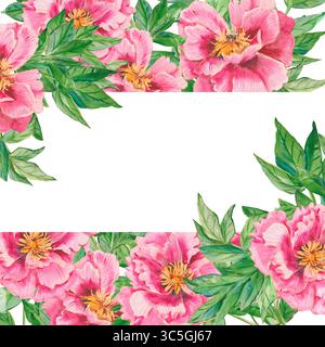 Cadre carré de pivoines d'aquarelle. Modèle de pivoine fleurie rose. Fleur rose peinte à la main avec espace de copie parfait pour les invitations de mariage, branding, packa Banque D'Images