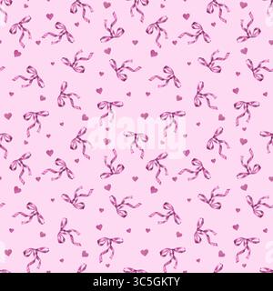 Modèle sans couture avec des noeuds en ruban de satin violet et des petits coeurs. Illustration d'aquarelle dessinée à la main sur fond isolé rose. Parfait pour la pépinière Banque D'Images