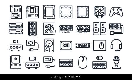 Jeu d'icônes des composants PC. Pièces comme carte mère, CPU, carte graphique, RAM, SSD, souris, clavier, refroidisseur, manette de jeu, casque, carte vidéo Illustration de Vecteur