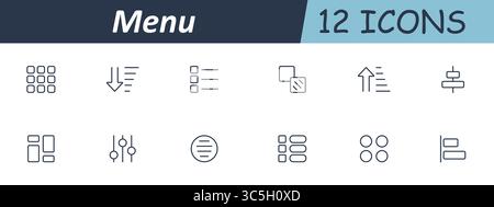 Icône Menu Set. Symboles de mise en page assortis utilisant la grille, la liste, le tri, le contrôle, les curseurs, bascule, points, lignes, flèches directionnelles stylisées dans une interface minimale Illustration de Vecteur
