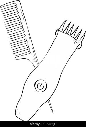 Composition salon pour rasoir barbier et peigne. Illustration vectorielle d'encre de ligne graphique. Illustration vectorielle linéaire de la collection beauté et spa. web Illustration de Vecteur