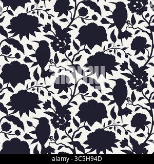 Modèle sans couture avec chinoiserie monochrome noir et blanc fleurs dessinées à la main et silhouettes d'oiseaux. Papier peint floral avec style chinois à la traîne Illustration de Vecteur