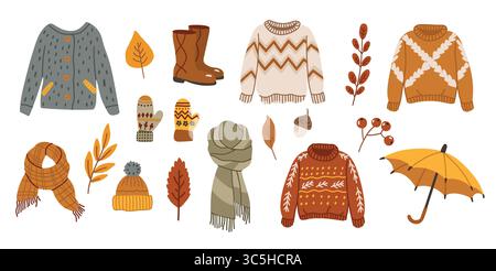 Ensemble de vêtements d'automne, collection confortable de mode différente. Vêtements de saison chauds, art saisonnier confortable Illustration de Vecteur