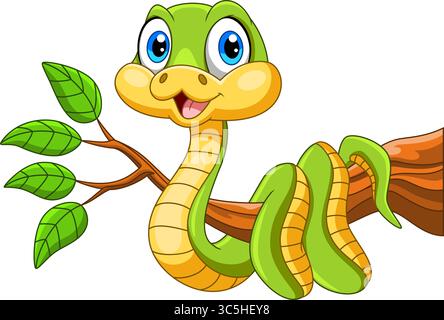 Illustration de dessin animé de serpent vert mignon sur une branche d'arbre avec fond blanc Illustration de Vecteur