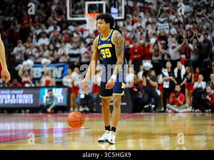 19 février 2020, Piscataway, New Jersey, États-Unis : 19 février, 2020 : ELI BROOKS, garde de l'Université du Michigan (55) lors de l'action contre l'Université Rutgers. Le Michigan a gagné 60-52. Le match a été joué au Louis Brown Athletic Center, Piscataway, NJ (crédit image : © Bennett Cohen/ZUMA Wire) Banque D'Images