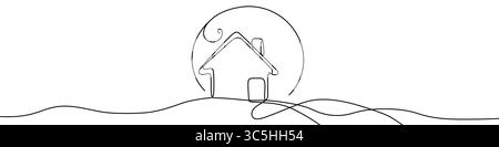 Maison noire sous la lune dans un style d'art simple ligne. Dessin de maison minimaliste éditable Illustration de Vecteur