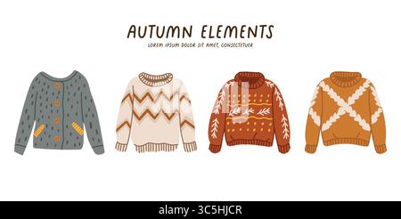 Ensemble de vêtements d'automne, collection confortable de mode différente. Vêtements de saison chauds, art saisonnier confortable Illustration de Vecteur