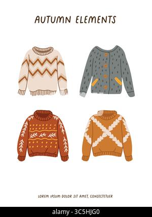 Ensemble de vêtements d'automne, collection confortable de mode différente. Vêtements de saison chauds, art saisonnier confortable Illustration de Vecteur