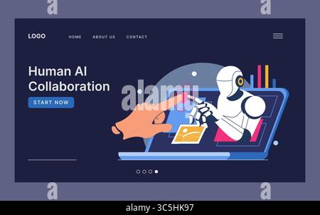 Illustration vectorielle de la main humaine et du robot IA interagissant via une interface tactile sur un écran d'ordinateur portable. Décrit les partenariats technologiques et les futurs concepts de collaboration. Illustration de Vecteur