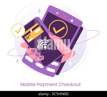 Illustration vectorielle représentant un smartphone utilisé pour le paiement mobile à la caisse. L'image montre un concept de transaction numérique avec une main tenant un téléphone et une carte virtuelle, illustrant des systèmes de paiement sécurisés et modernes. Illustration de Vecteur