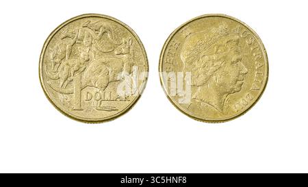 Une pièce australienne en dollars avers et verso sur fond blanc Banque D'Images