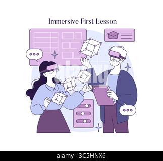 Illustration vectorielle d'un homme et d'une femme engagés dans une session éducative utilisant des casques de réalité virtuelle. Ils interagissent avec des modèles holographiques 3D, suggérant une approche moderne de l’apprentissage. Illustration de Vecteur