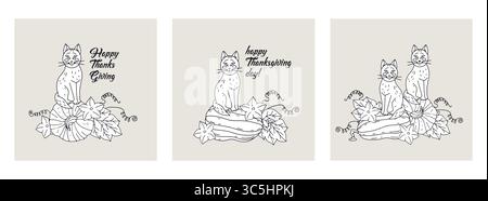 Ensemble de cartes de voeux de Thanksgiving avec chats monochromes mignons et citrouille et texte heureux jour de Thanksgiving Illustration de Vecteur