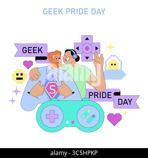 Illustration vectorielle de deux personnes célébrant Geek Pride Day. Ils expriment le bonheur et l'excitation, entourés d'éléments de jeu comme une manette et des icônes rétro. Illustration de Vecteur