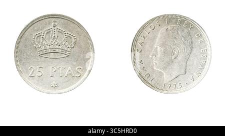 Authentique pièce de monnaie espagnole 25 pesetas an 1975 vers l'arrière côté sur fond blanc, macro gros plan Banque D'Images