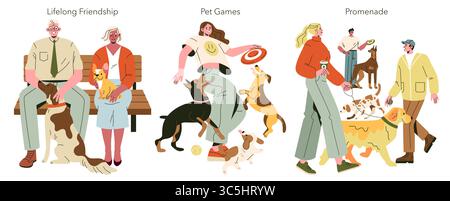 Illustration vectorielle de trois scènes : un couple âgé assis sur un banc avec des chiens, une jeune personne jouant avec des chiens, et un groupe de chiens marchant. Capture les interactions joyeuses homme-animal. Illustration de Vecteur