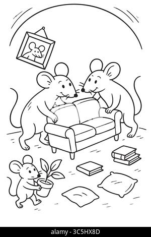 Famille MICE déplaçant meubles à la page de coloriage à la maison Illustration de Vecteur