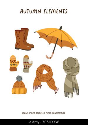 Ensemble de vêtements d'automne, collection confortable de mode différente. Vêtements de saison chauds, art saisonnier confortable Illustration de Vecteur