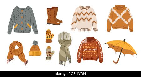 Ensemble de vêtements d'automne, collection confortable de mode différente. Vêtements de saison chauds, art saisonnier confortable Illustration de Vecteur