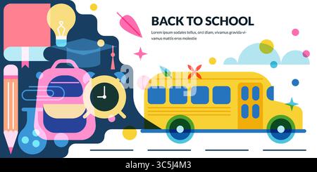 Retour à l'école bannière colorée ou conception d'affiche. Illustration plate vectorielle du bus scolaire jaune avec des fournitures. Parfait pour l'éducation, la saison scolaire, ou Illustration de Vecteur
