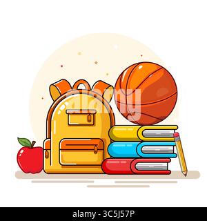 Fournitures de retour à l'école sac à dos, livres, Apple, basket-ball et crayon Vector Flat Design Illustration de Vecteur