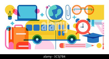 Bannière avec bus scolaire, ordinateur portable, globe et outils d'apprentissage. Illustration vectorielle plate. Concept abstrait pour l'éducation en ligne, annonces de saison scolaire, numérique Illustration de Vecteur