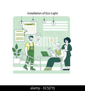 Illustration vectorielle d'un professionnel installant des lumières LED écologiques. La scène montre le travail d'équipe avec trois personnes, des expressions positives et un accent mis sur la durabilité. Illustration de Vecteur
