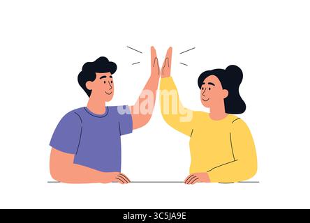Homme et femme montrant l'amitié, le succès du travail d'équipe avec l'illustration vectorielle haute main cinq. Illustration de Vecteur