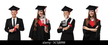 Heureux étudiants en robes de graduation et mortarboards, collage de portraits sur fond blanc Banque D'Images