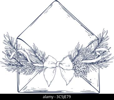 Illustration d'art au trait dessinée à la main d'une enveloppe encadrée de branches de pin, de pommes de pin, de rubans et d'un arc, parfait pour les invitations de vacances, les vacances Illustration de Vecteur