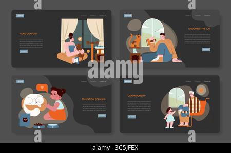 Illustration vectorielle montrant des conceptions Web interactives mettant en vedette des activités familiales. Les scènes incluent le toilettage des chats, la narration et l'éducation des enfants. Les illustrations mettent l'accent sur la chaleur et la connexion. Illustration de Vecteur