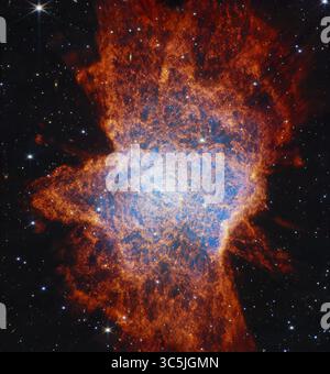 La vue du télescope spatial James Webb de la NASA sur la nébuleuse planétaire NGC 6072 dans le proche infrarouge montre une scène complexe de multiples flux sortants qui s’étendent à Banque D'Images