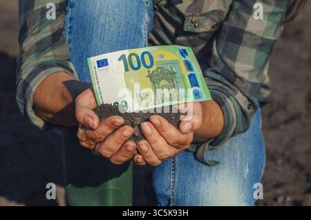 Palmiers fermiers avec terre avec billet de 100 euros. Affaires vertes, écologie. Concept d'investissement dans l'agriculture. Banque D'Images