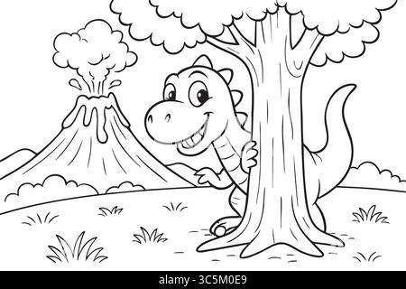 Page à colorier dinosaure pour enfants avec contour noir, montrant une scène ludique de dinosaure et de volcan. concept d'activité préhistorique, ludique, éducative Illustration de Vecteur