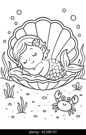 Contour noir d'une sirène mignonne sur une page à colorier coquillage pour les enfants. concept d'océan, activité pour enfants, scène sous-marine, créature marine, graphique Illustration de Vecteur