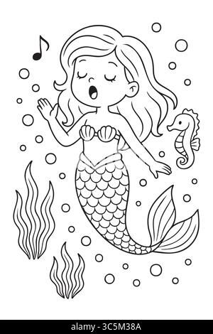 Page de coloration de contour noir de sirène chantante avec hippocampe et plantes marines, isolé sur fond blanc. concept d'illustration sous-marine, océan f Illustration de Vecteur