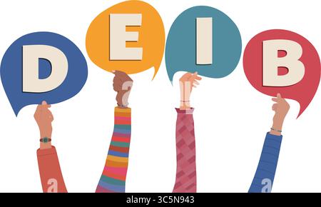 Mains levées tenant des bulles de discours avec le texte DEIB pour la diversité, l'inclusion, l'égalité et l'appartenance Illustration de Vecteur