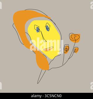 Une illustration abstraite claire avec une forme de visage irrégulière jaune avec des yeux d'amande bleu et une bouche orange simple sur un fond beige doux. Décalage Illustration de Vecteur