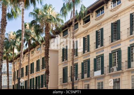 Appartements avec volets verts dans le centre de Málaga en Espagne. Banque D'Images