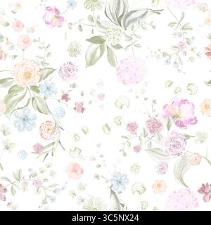 Motif floral sans couture dessiné à la main avec de petites fleurs dans des tons doux. Texture aquarelle pour tissu, papier peint, impression de mariage, papier d'emballage et tex Banque D'Images
